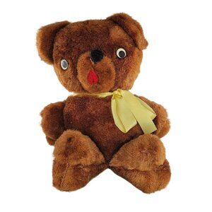 Vintage Antique Teddy Bear Plush Stuffed Animal Felt Tongue Yellow Ribbon